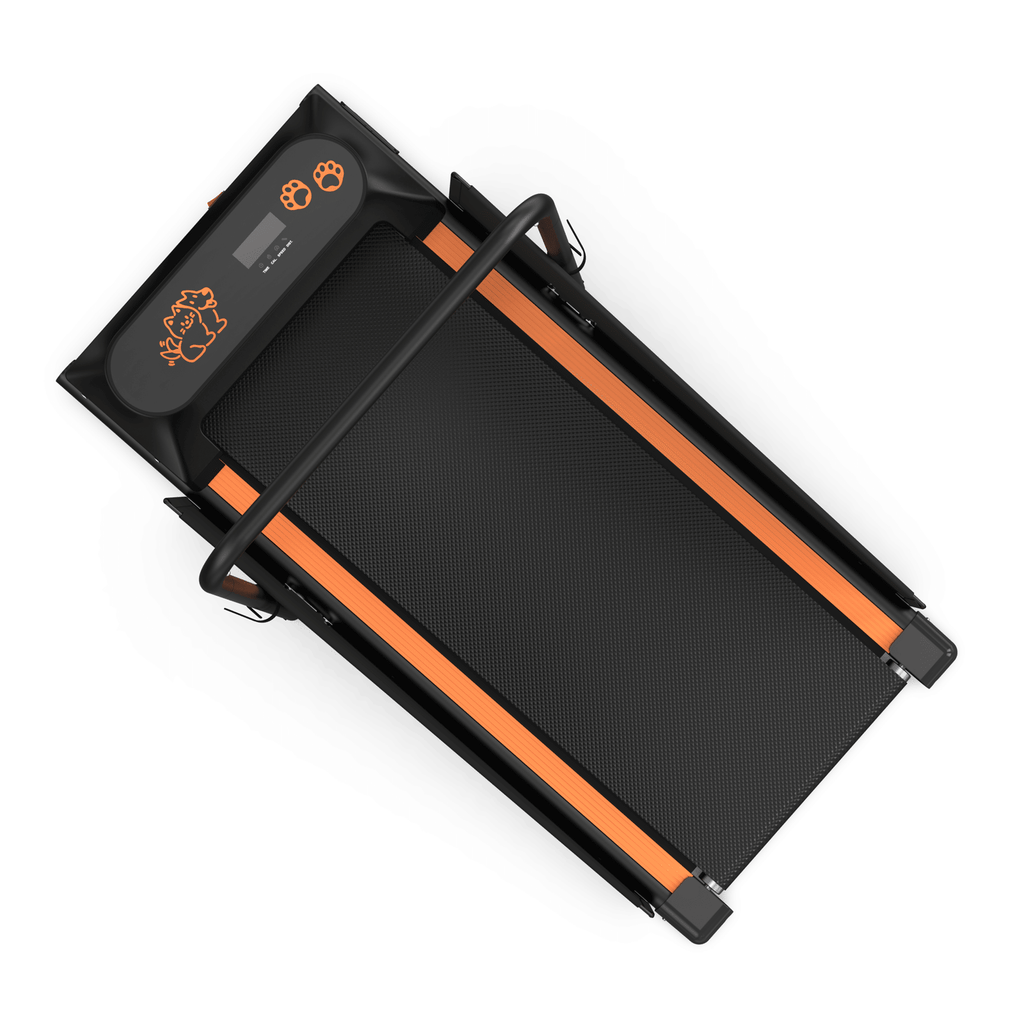 Dog treadmill with black deck and orange side rails, foldable frame and handle bar