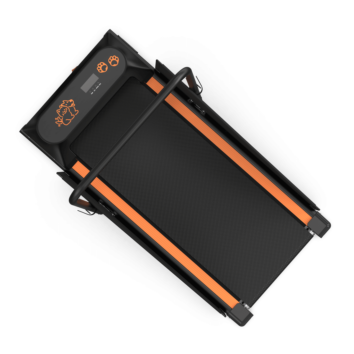 Dog treadmill with black deck and orange side rails, foldable frame and handle bar