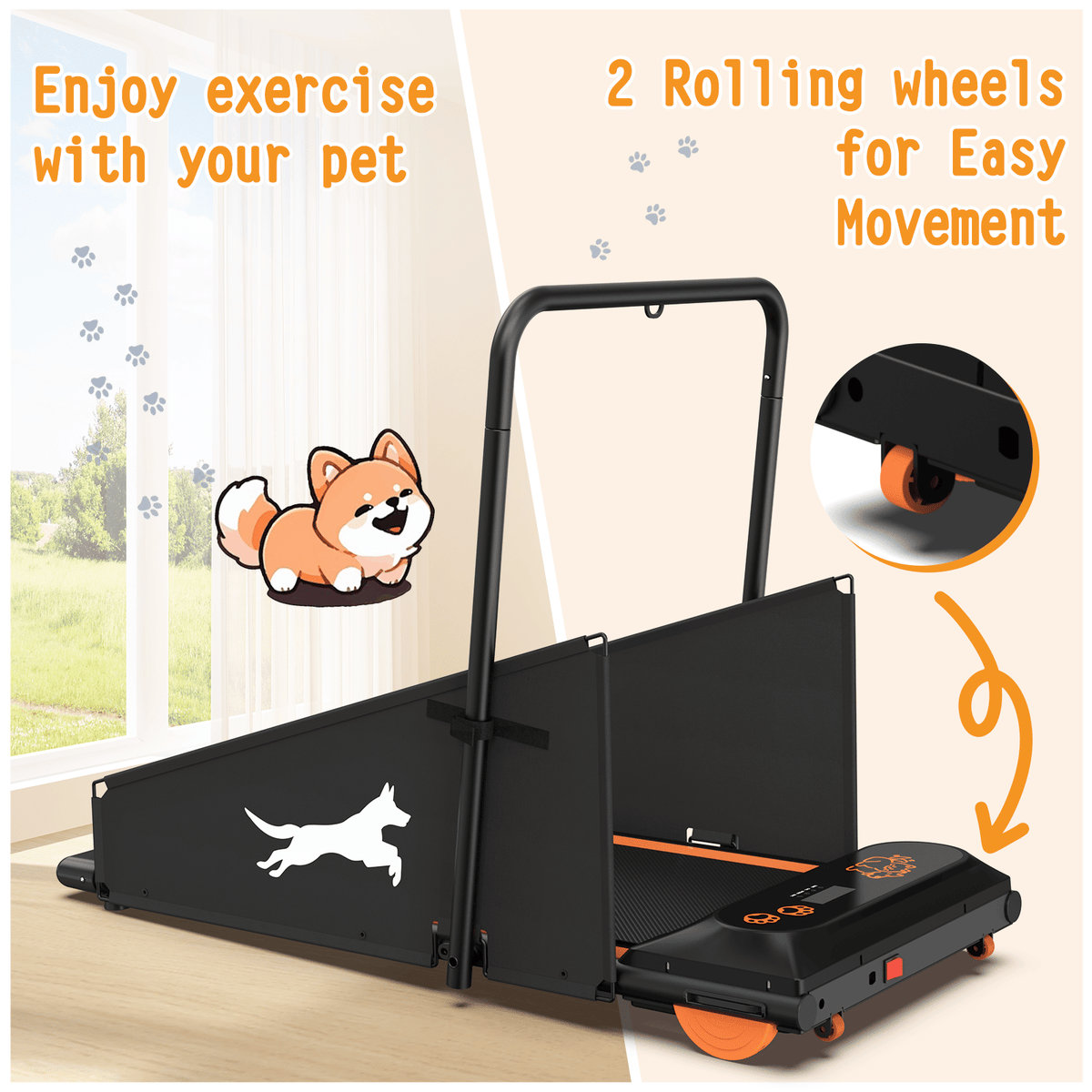 Black dog treadmill with orange wheels and ramp, dog on the deck and display detail