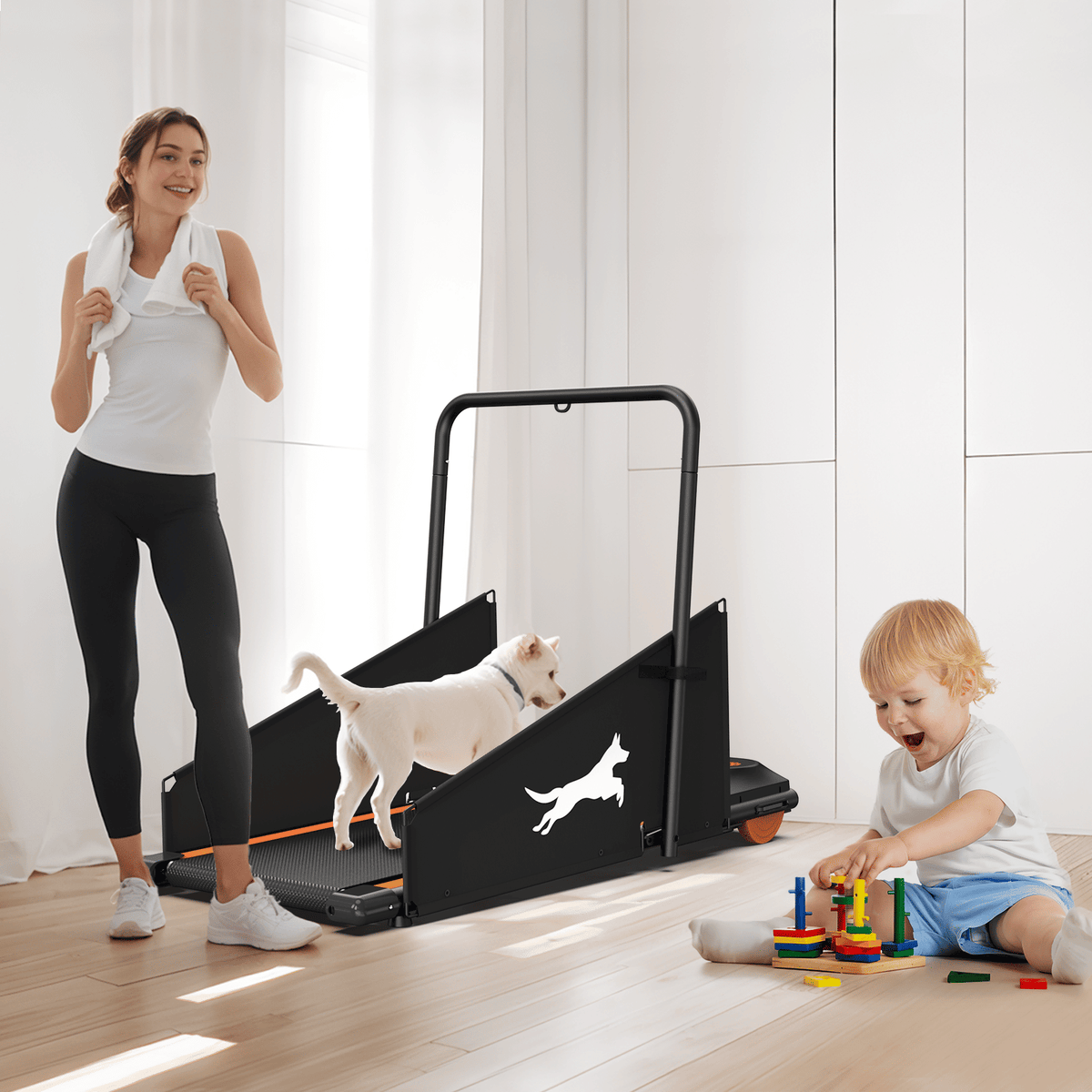 Black dog treadmill with side gate, dog walking while people stand and supervise