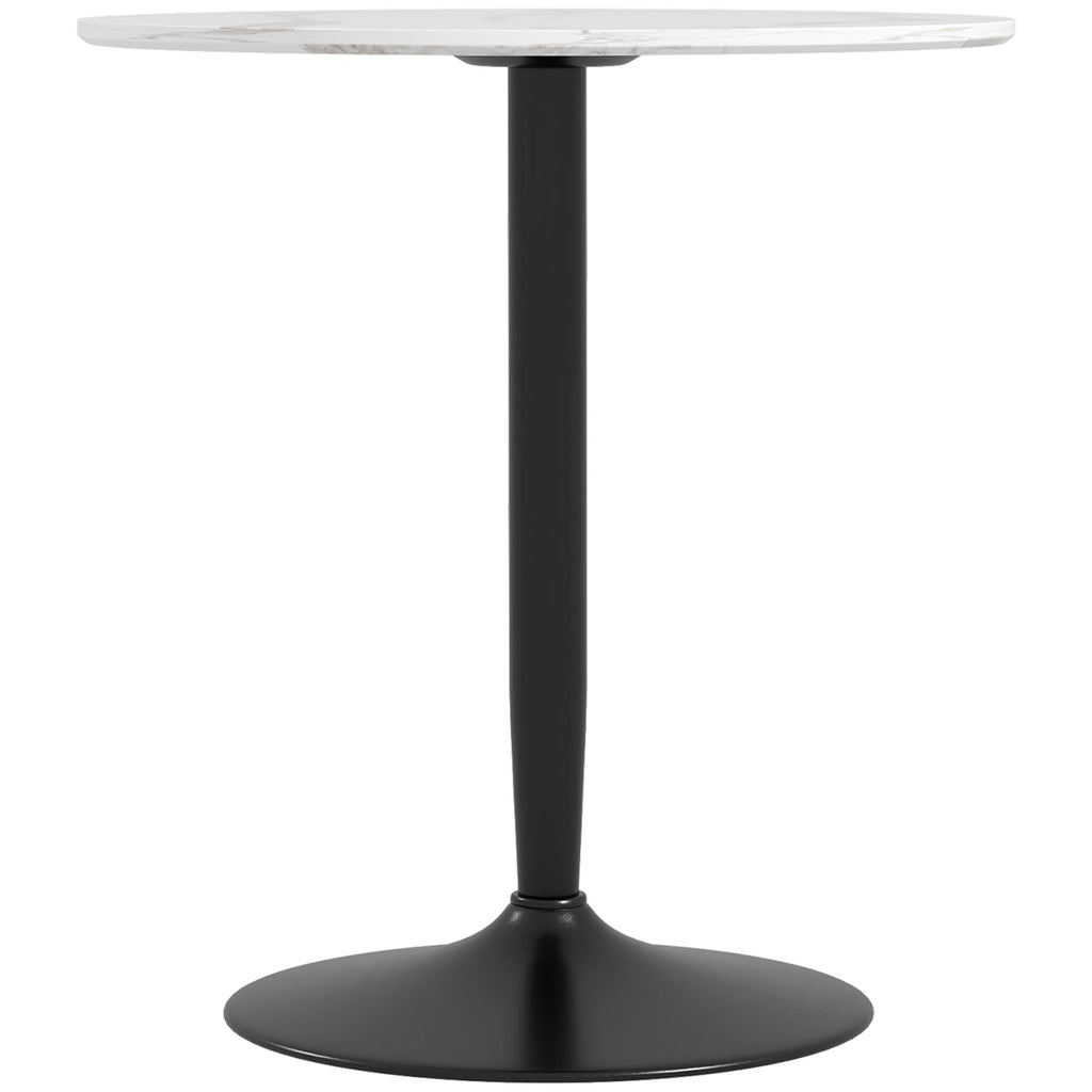 Round white marble dining table with black steel pedestal base