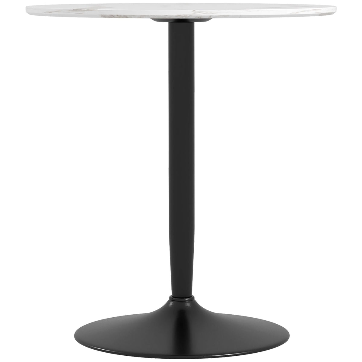 Round white marble dining table with black steel pedestal base