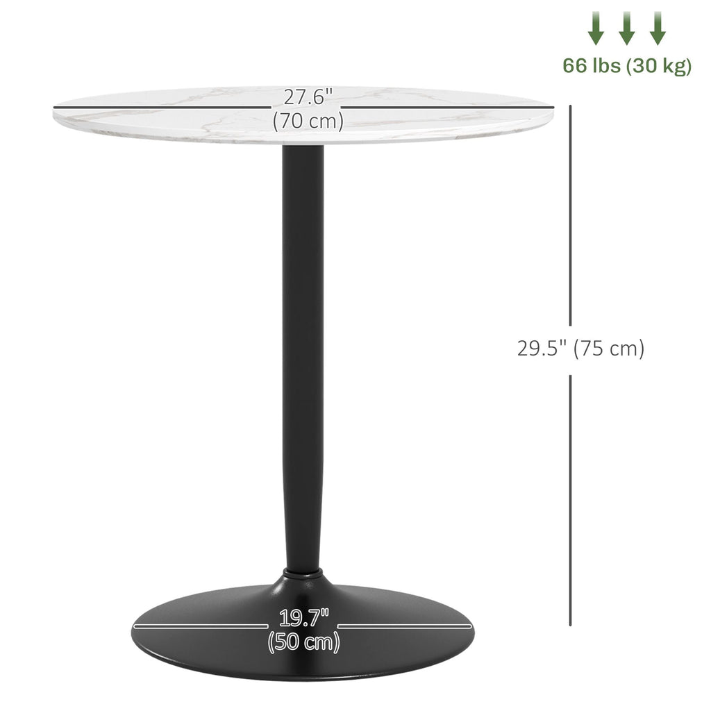 Round white marble dining table with black pedestal base and steel support