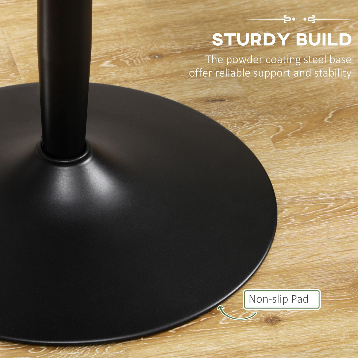 Matte black steel pedestal base with non-slip pad for round dining table