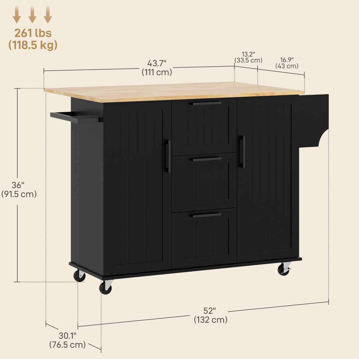 Black kitchen cart on casters with light wood top and double cabinet doors