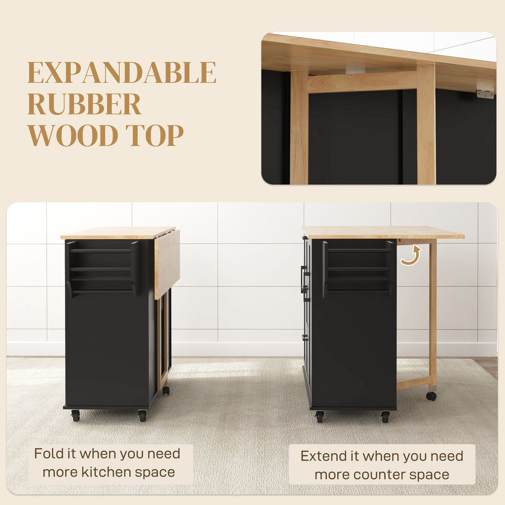 Black kitchen cart with expandable light wood top and storage cabinet doors