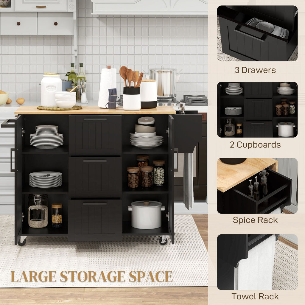 Black kitchen cart with open shelves, drawers, and towel rack