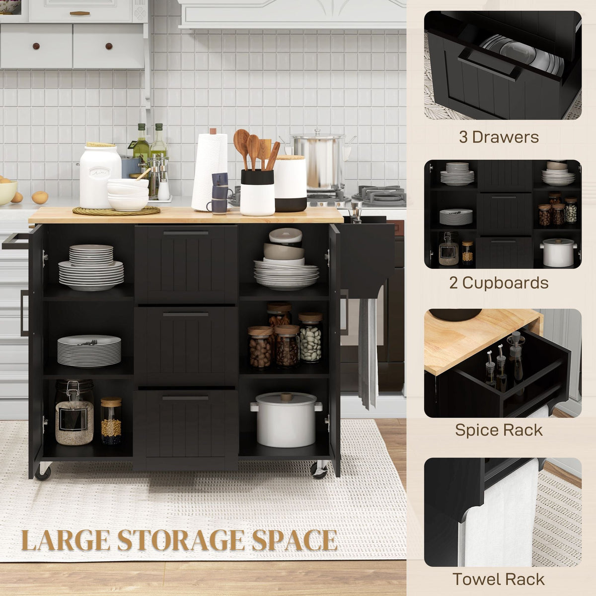 Black kitchen cart with open shelves, drawers, and towel rack
