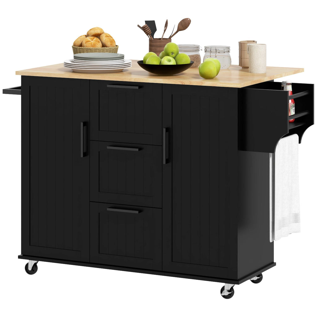 Black kitchen cart with light wood top, cabinet doors, and drawers on wheels