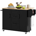 Black kitchen cart with light wood top, cabinet doors, and drawers on wheels