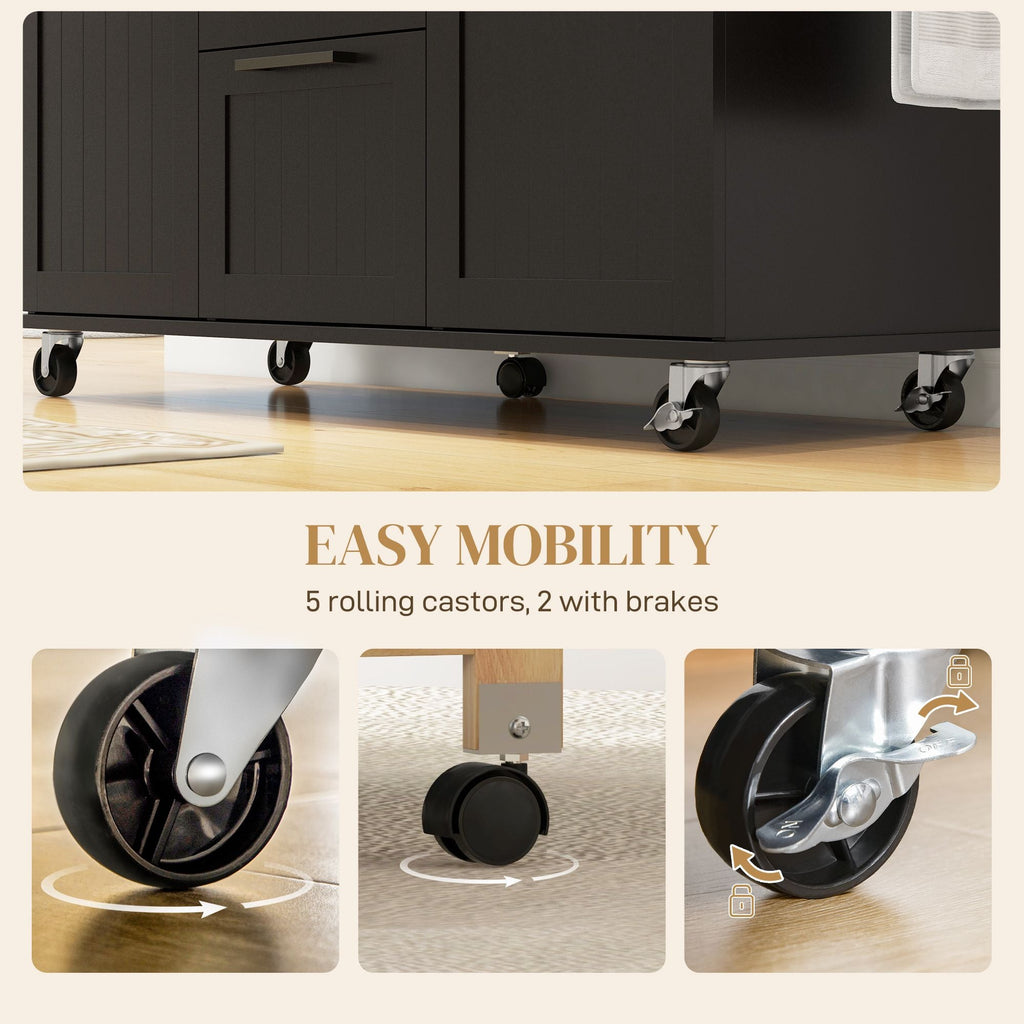 Black kitchen cart with five rolling casters, two with brakes, and cabinet base