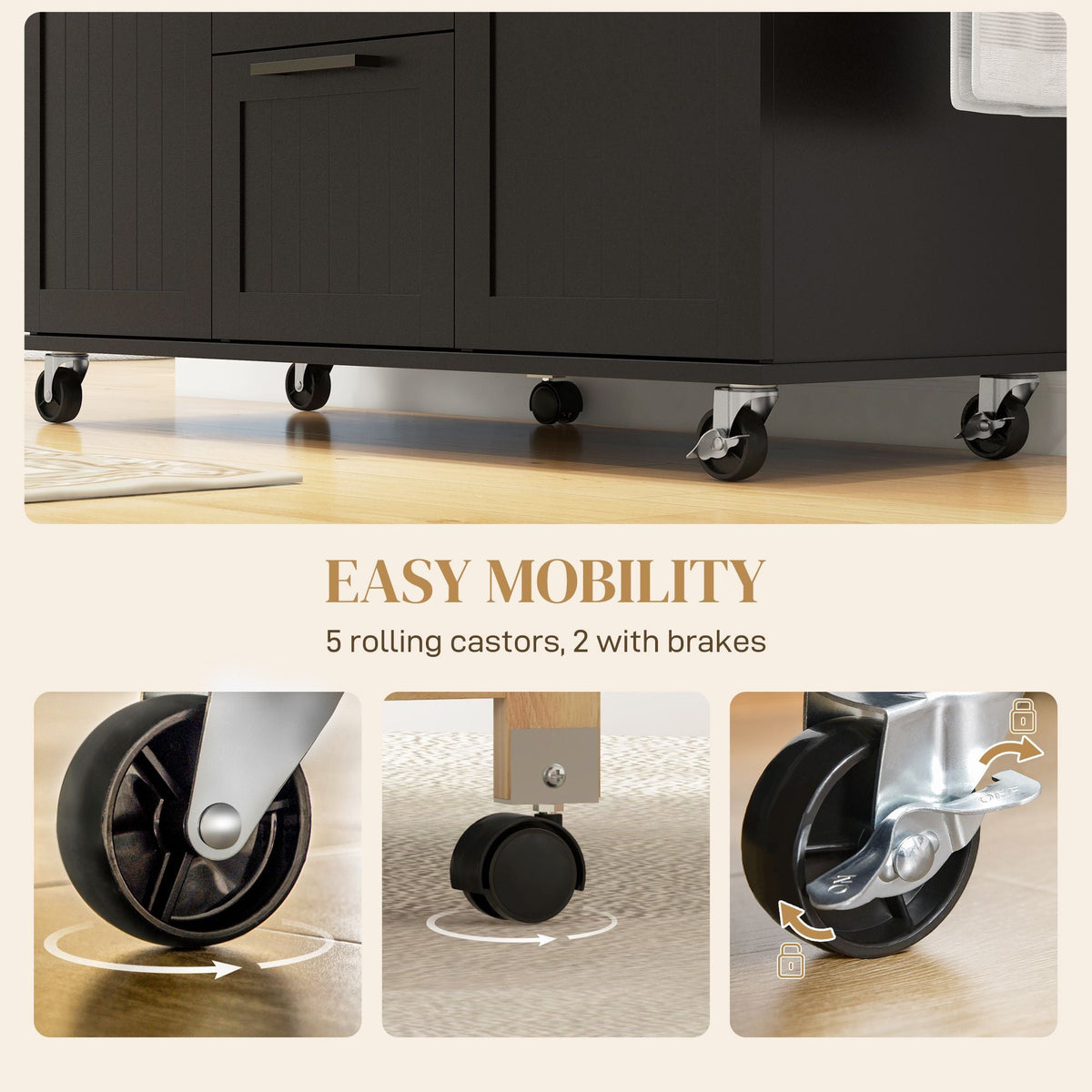 Black kitchen cart with five rolling casters, two with brakes, and cabinet base