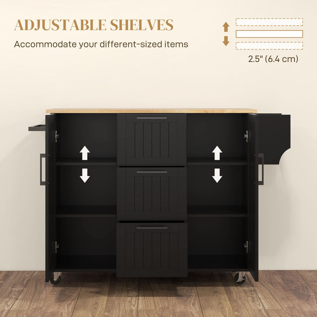 Black kitchen cart with adjustable interior shelves and central drawer