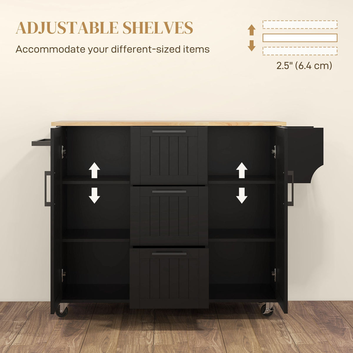 Black kitchen cart with adjustable interior shelves and central drawer