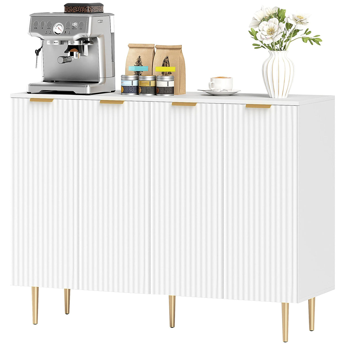 White sideboard buffet cabinet with striped doors and tall gold metal legs