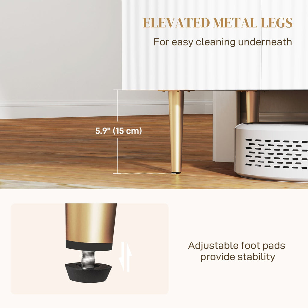 White cabinet with elevated gold metal legs and adjustable foot pads underneath