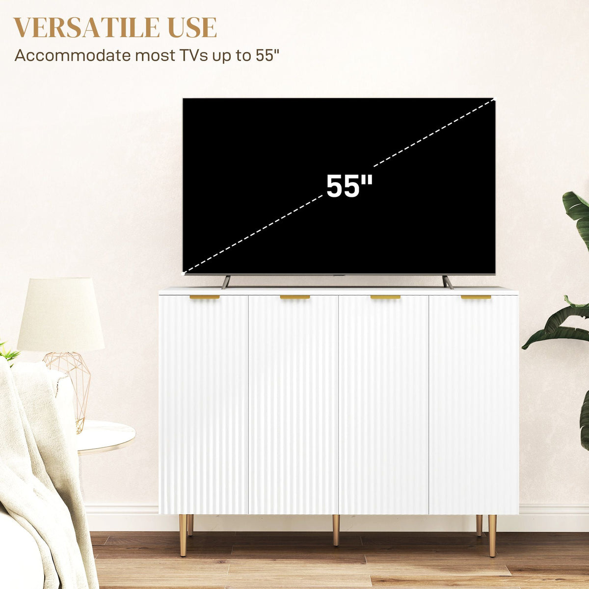 White sideboard buffet cabinet with ribbed doors and gold legs, fits up to 55 in TV