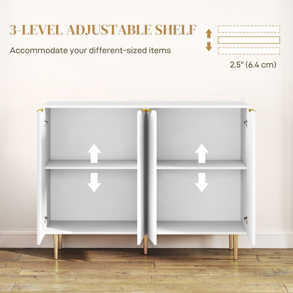 White sideboard cabinet interior with 3-level adjustable shelves and central divider