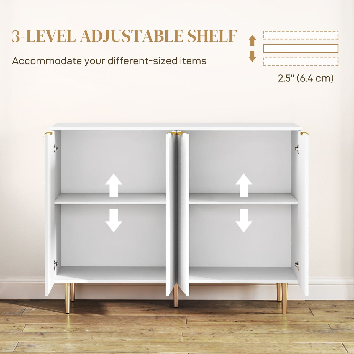 White sideboard cabinet interior with 3-level adjustable shelves and central divider