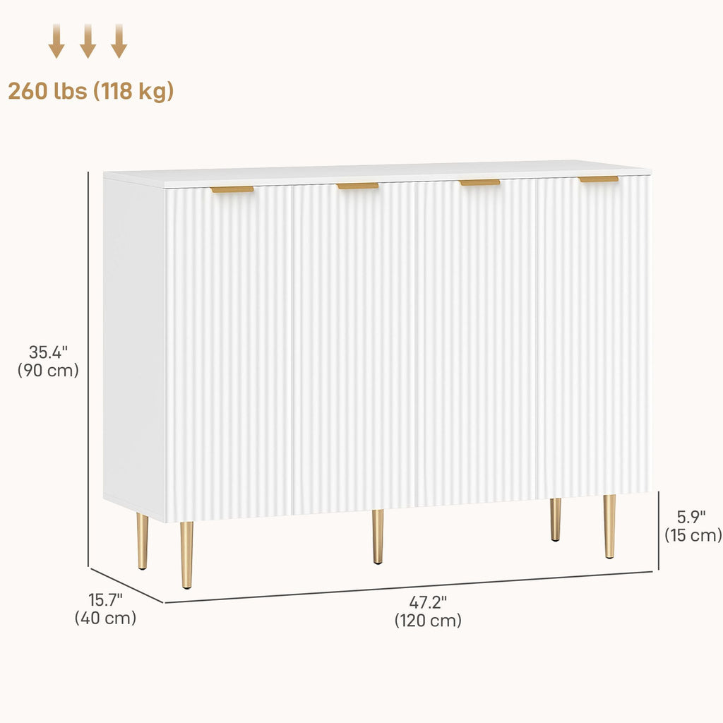 White storage cabinet with gold legs, 47.2 in wide front view