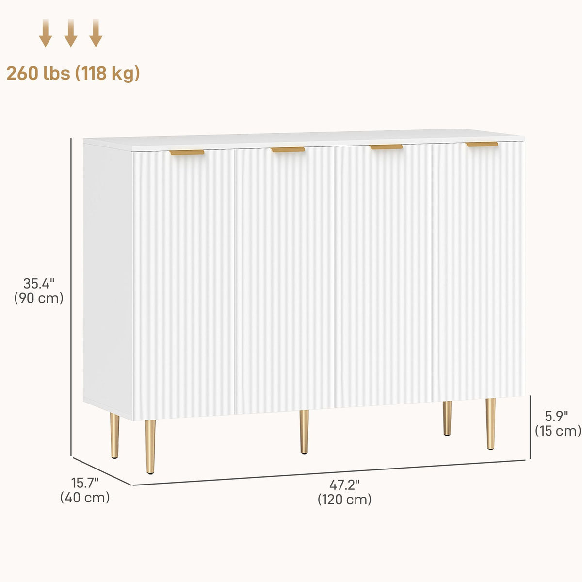 White storage cabinet with gold legs, 47.2 in wide front view