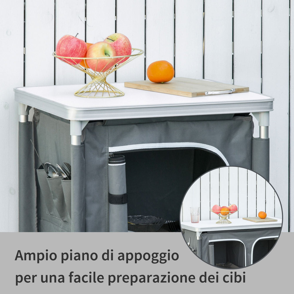 Grey folding kitchen station with open front and side storage pockets