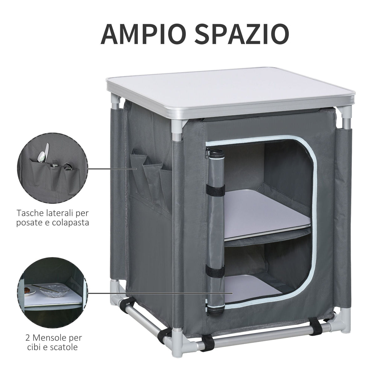 Grey camping kitchen station with open cabinet and two-tier shelving