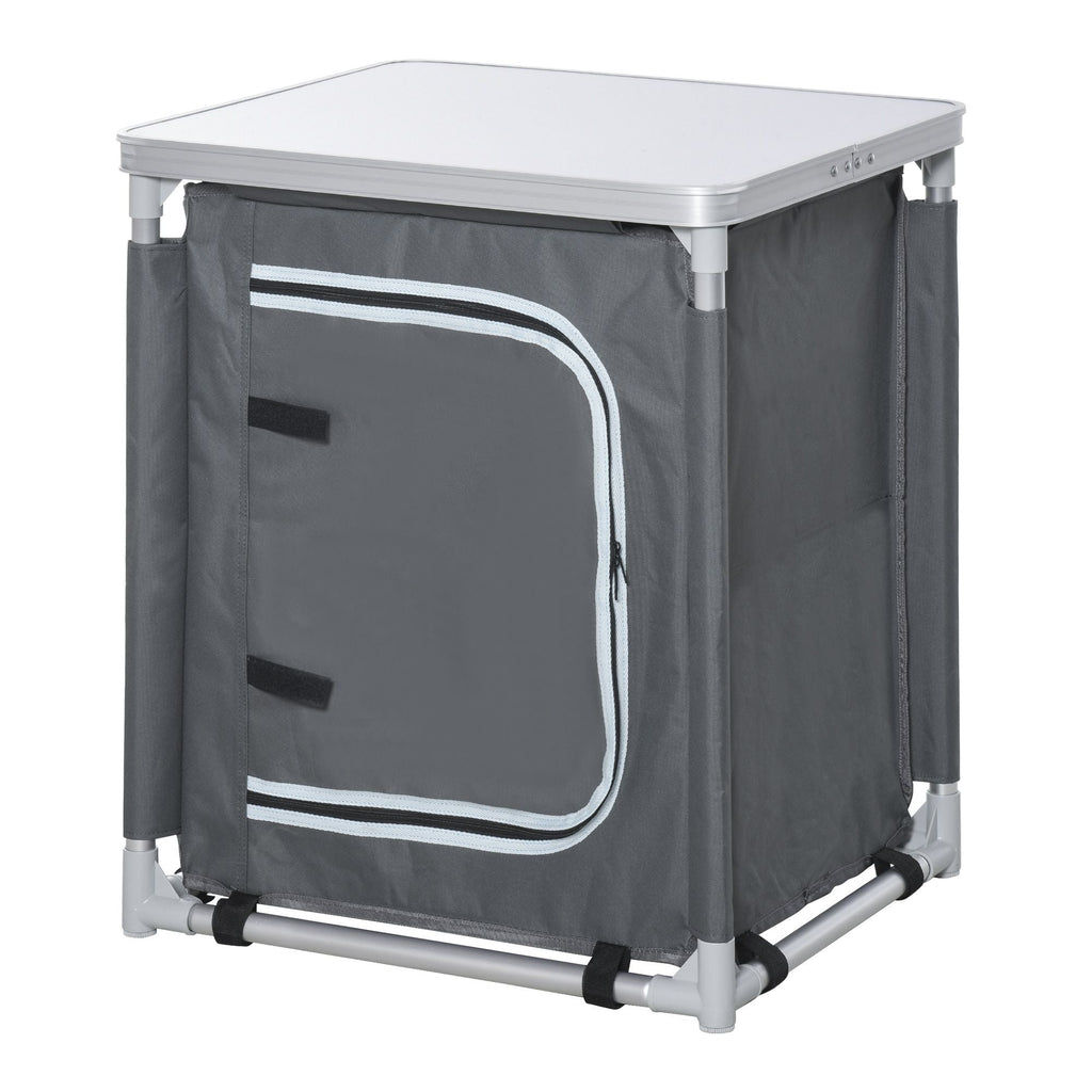 Grey aluminum camping kitchen station with two-shelf cabinet and foldable table