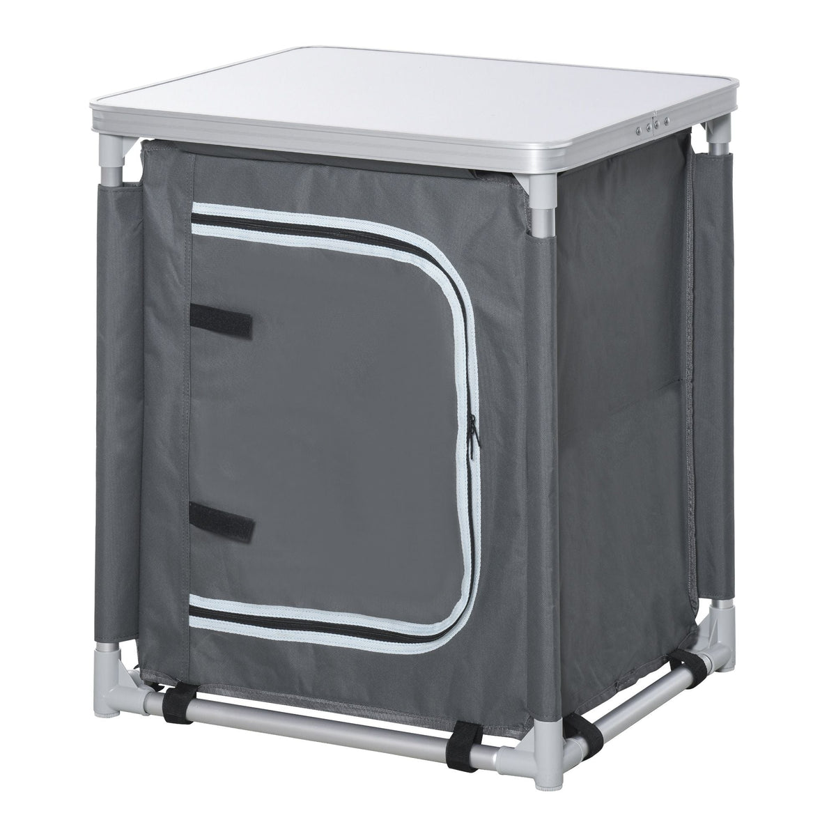 Grey aluminum camping kitchen station with two-shelf cabinet and foldable table