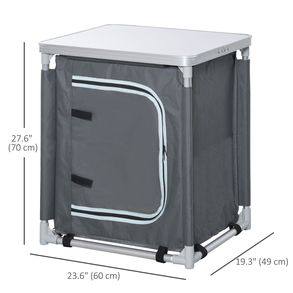 Grey foldable camping kitchen table with two-shelf cabinet and side panels