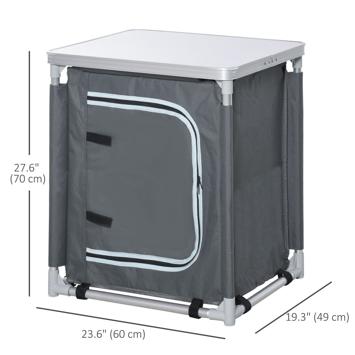 Grey foldable camping kitchen table with two-shelf cabinet and side panels