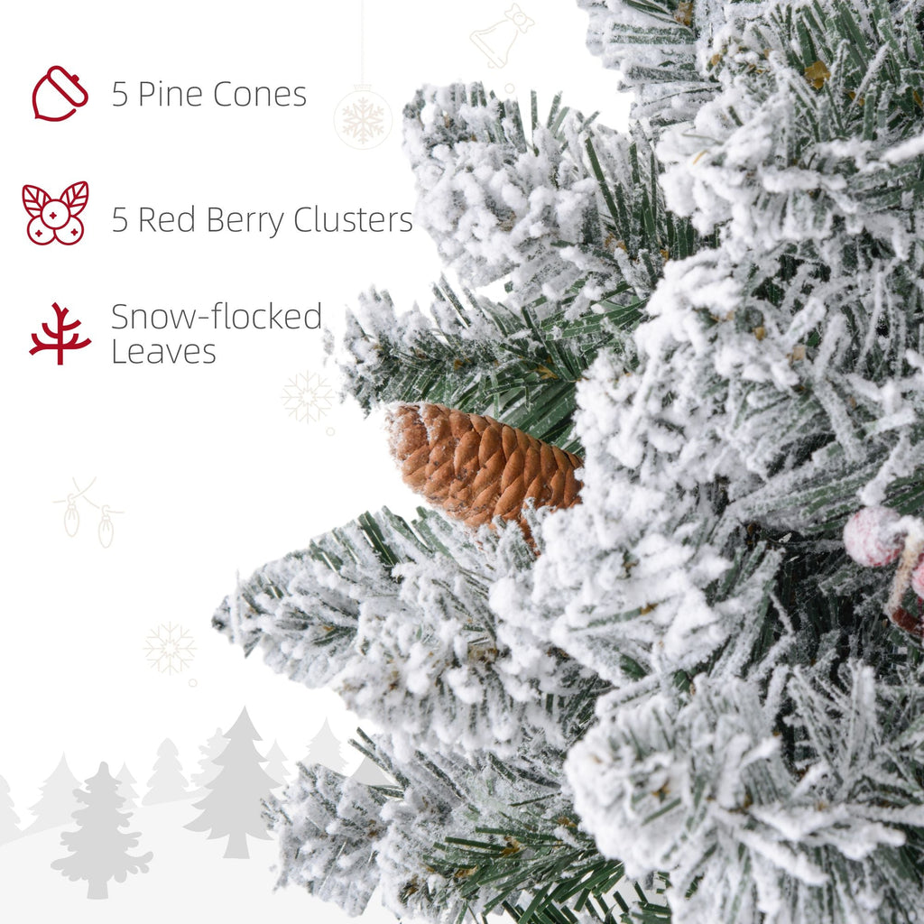 Snow-flocked wreath with pine cones and red berry clusters plus warm white LED lights