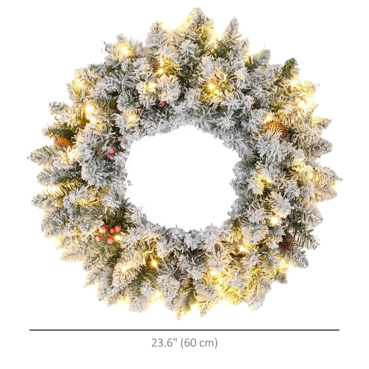 24-inch snow-flocked wreath with warm white LED lights, pinecones and berry clusters