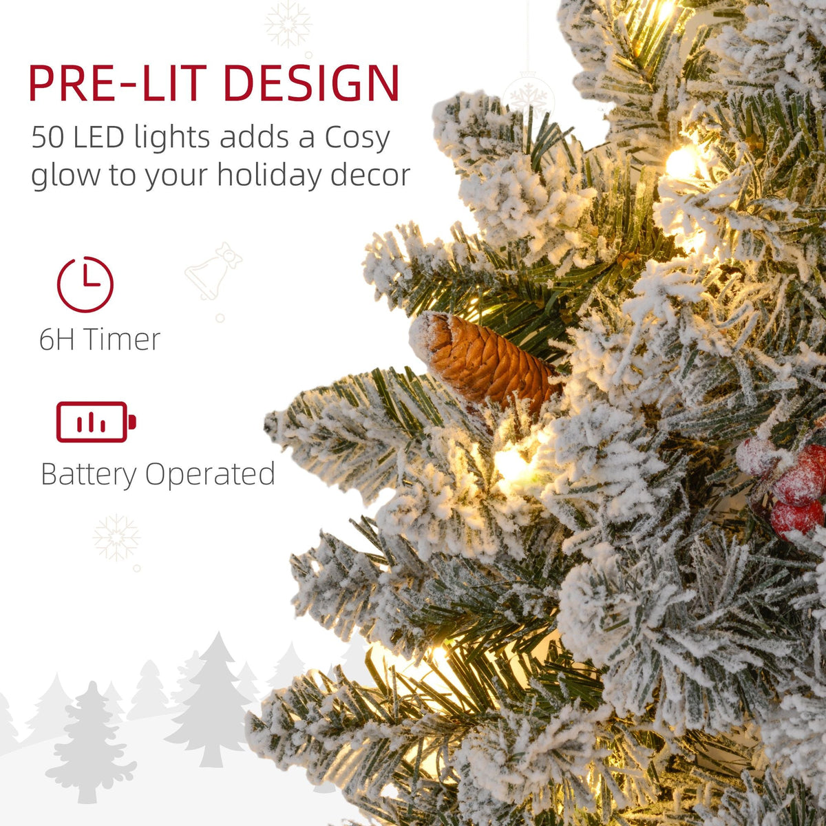 Snow-flocked Christmas wreath with warm white LED lights and pinecone and leaf details