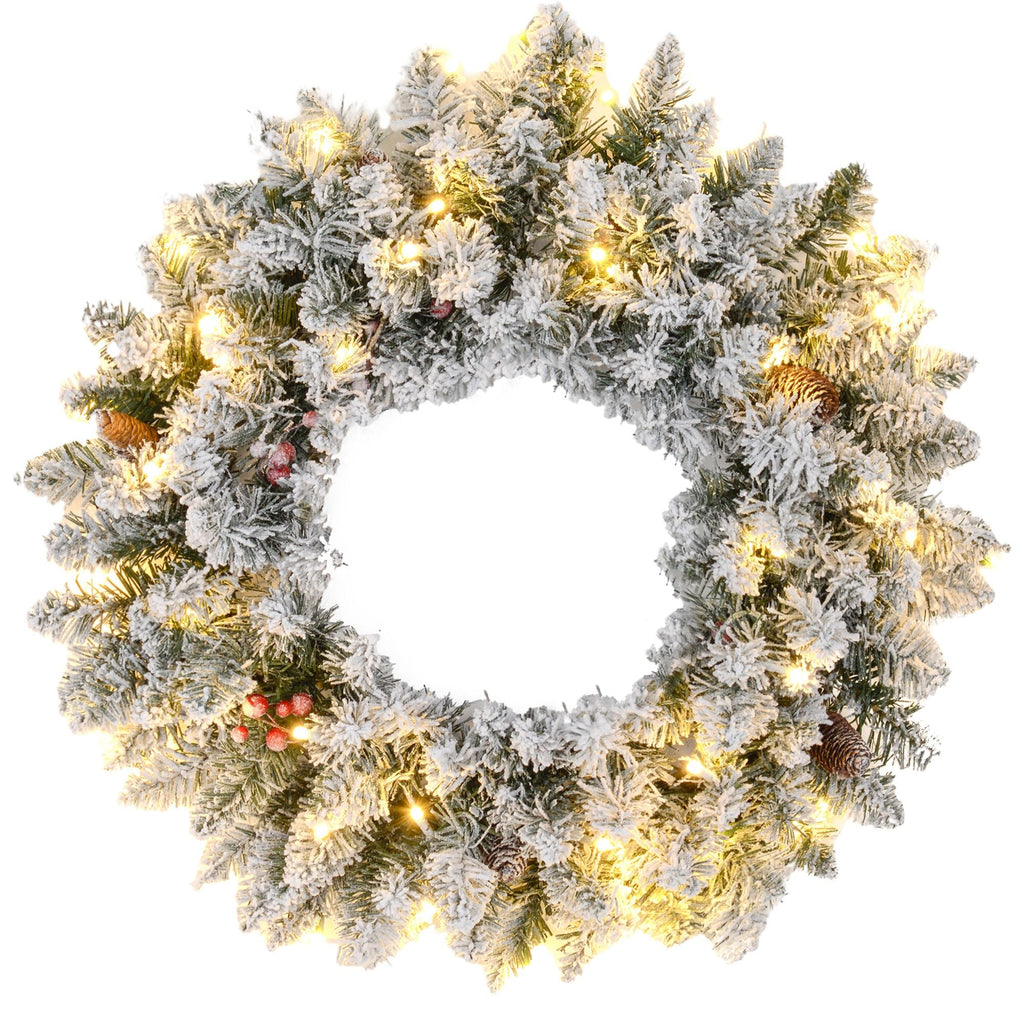 24-inch snow-flocked Christmas wreath with warm white LED lights, pine cones and berries