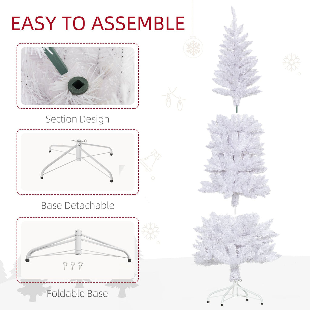 White artificial pencil Christmas tree with detachable foldable steel base for easy assembly.