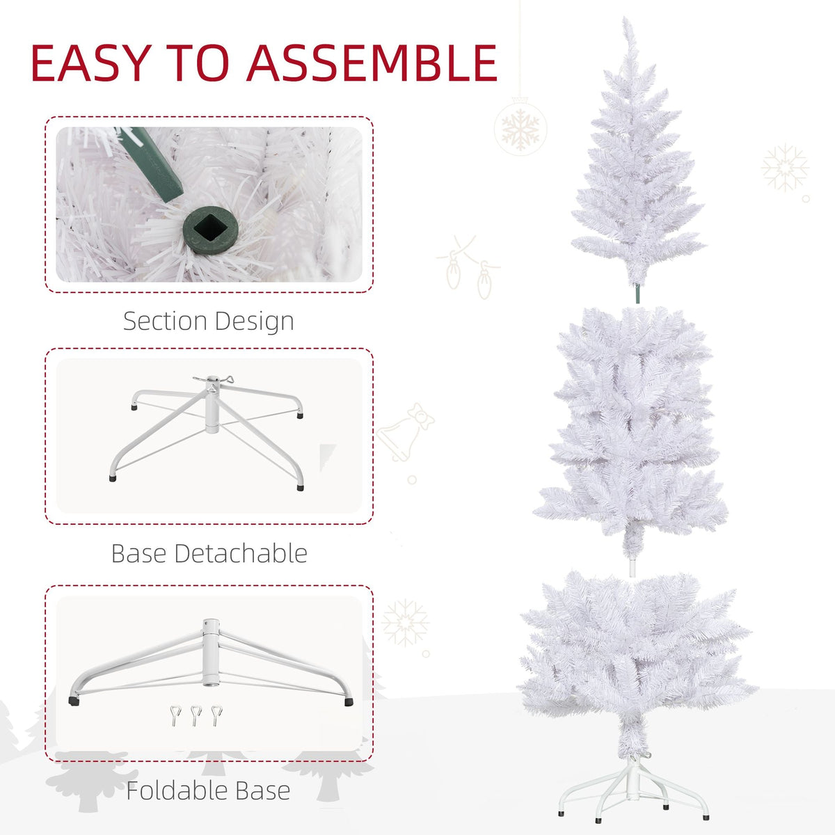 White artificial pencil Christmas tree with detachable foldable steel base for easy assembly.