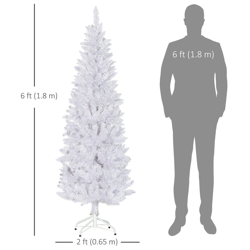 White artificial pencil Christmas tree with steel base, sized next to a person silhouette.