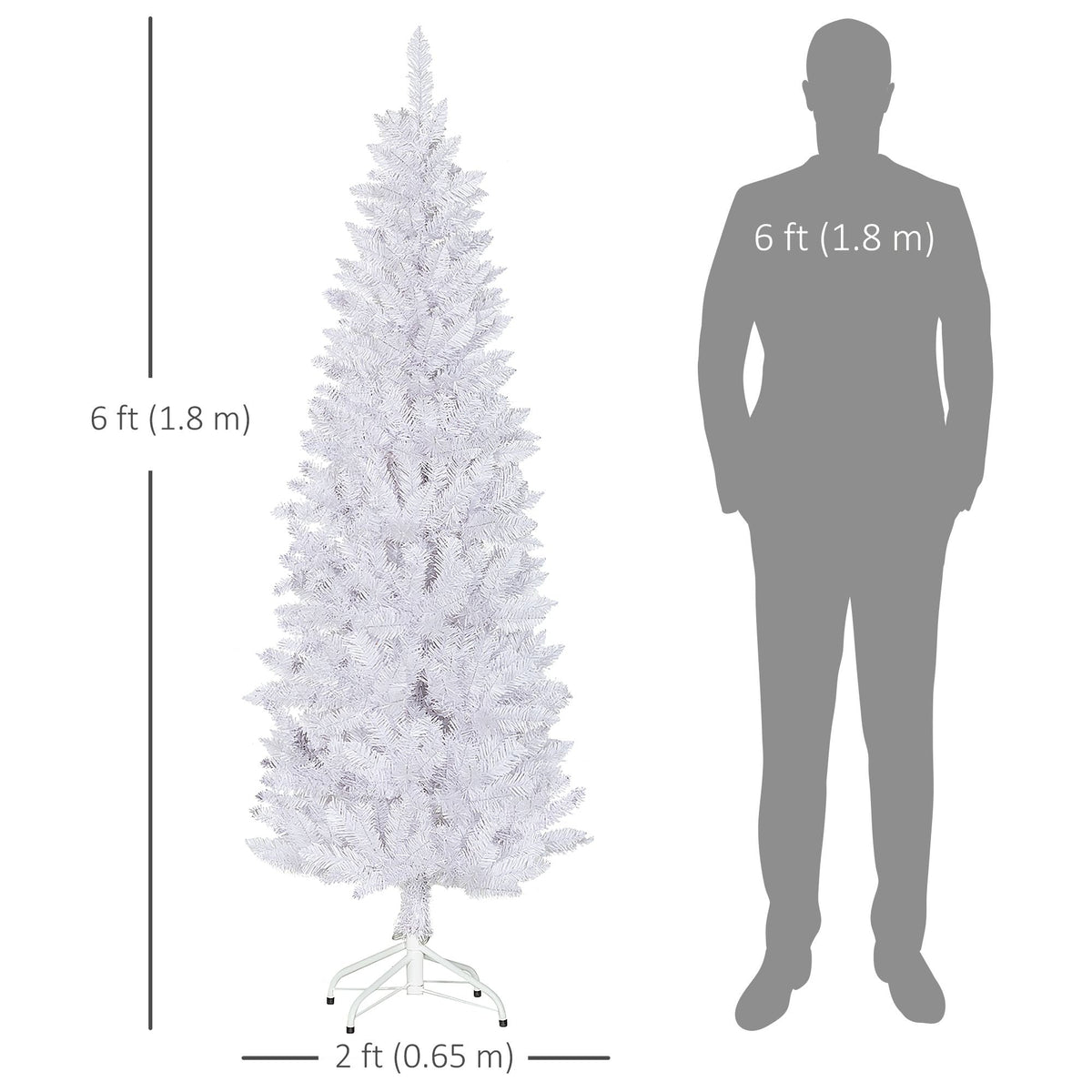 White artificial pencil Christmas tree with steel base, sized next to a person silhouette.