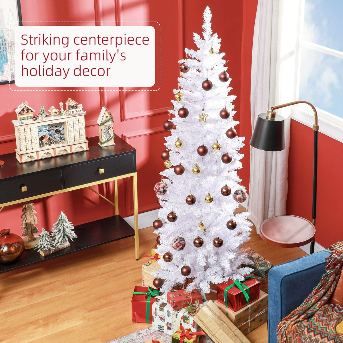 White decorated artificial pencil Christmas tree with round ornaments on a stand.