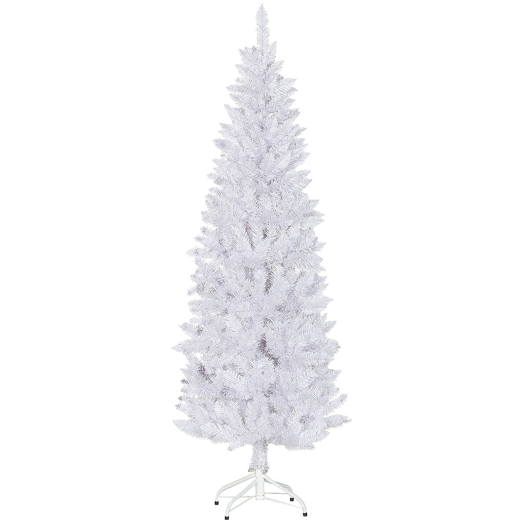 White artificial pencil Christmas tree with full feathered branches and white steel stand.