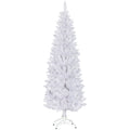 White artificial pencil Christmas tree with full feathered branches and white steel stand.