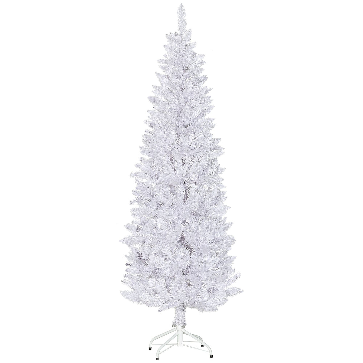 White artificial pencil Christmas tree with full feathered branches and white steel stand.