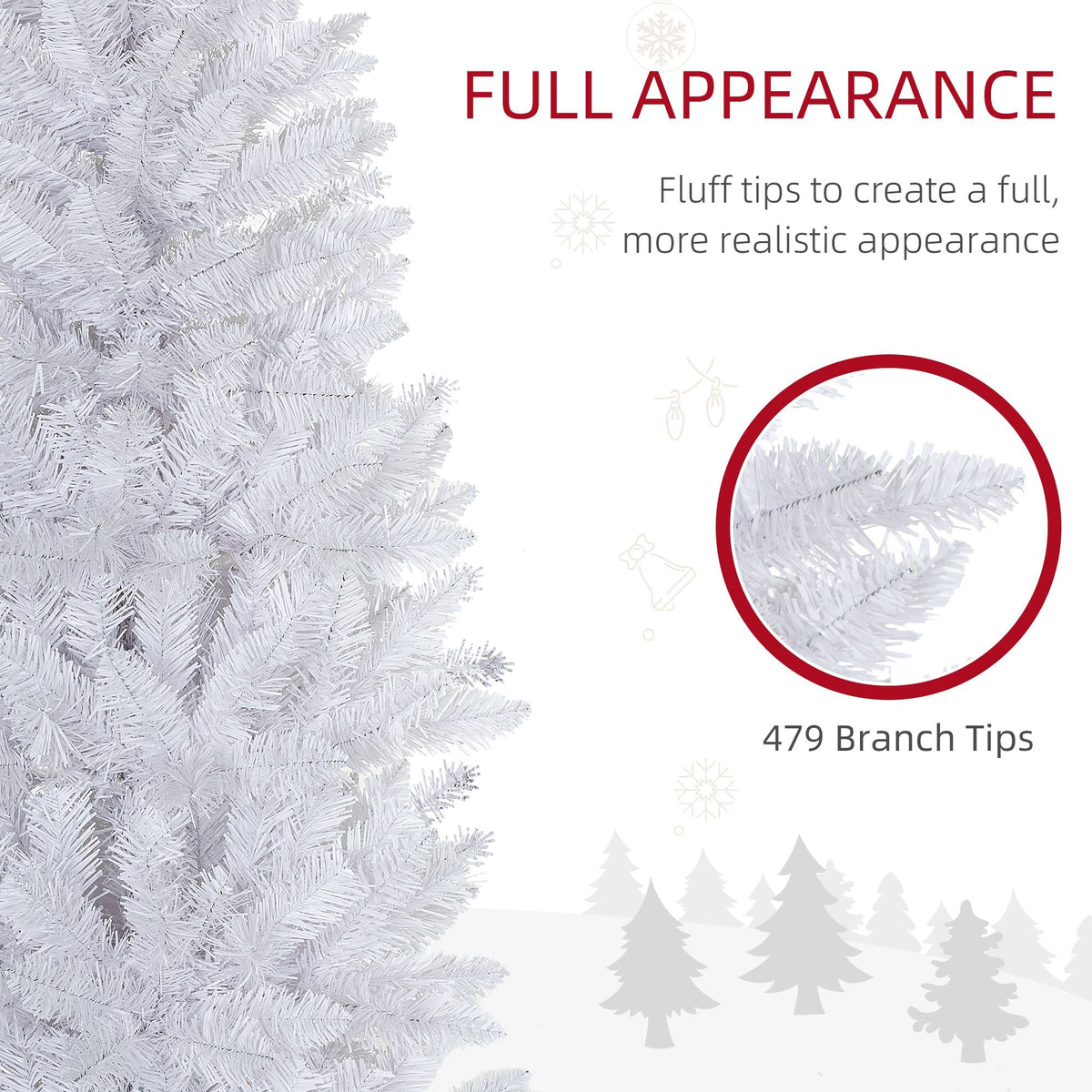 White artificial pencil Christmas tree close-up of dense branches, 479 branch tips.