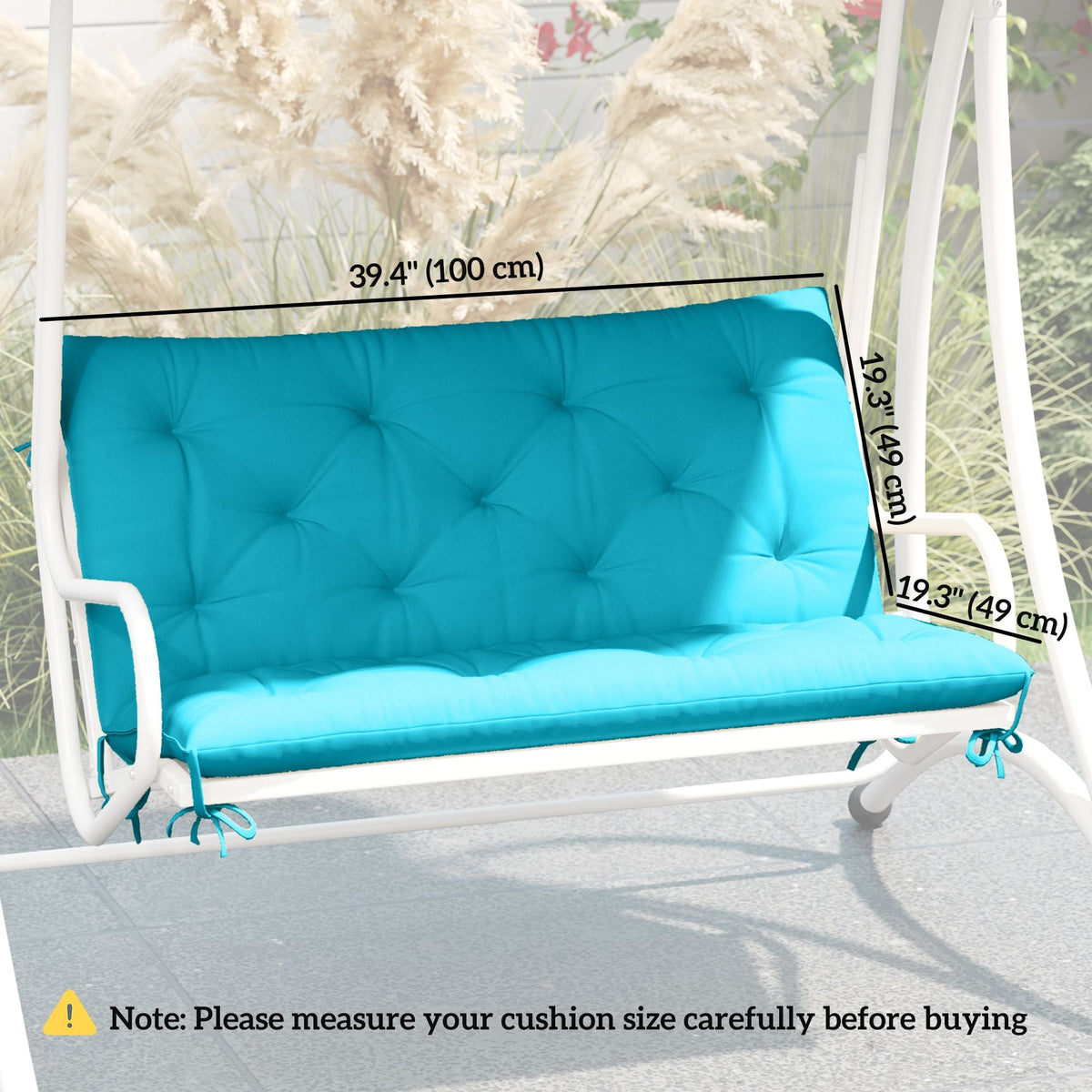 Turquoise bench cushion with backrest, quilted tufts, and tie straps