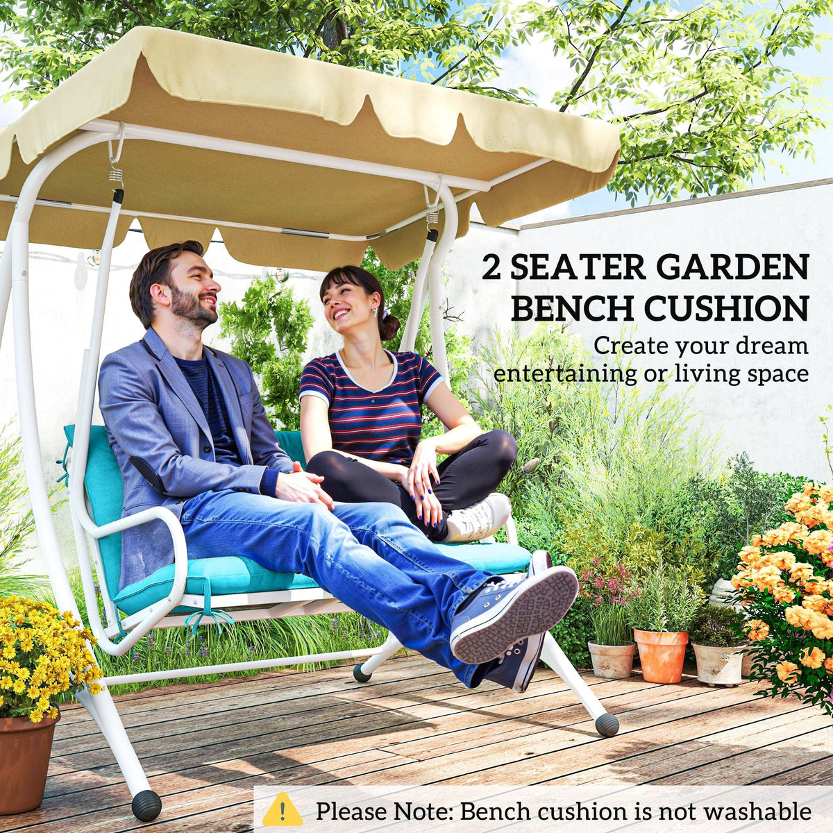 Turquoise 2-seater garden bench cushion with backrest for outdoor seating