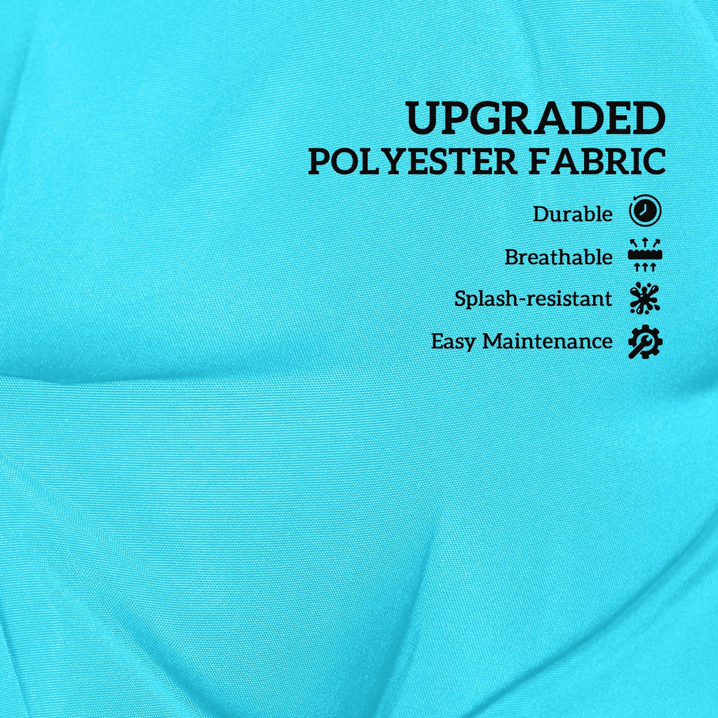 Turquoise polyester cushion fabric close-up, smooth textured weave