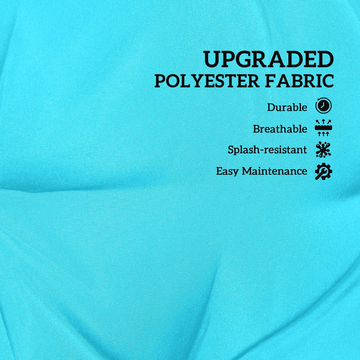 Turquoise polyester cushion fabric close-up, smooth textured weave