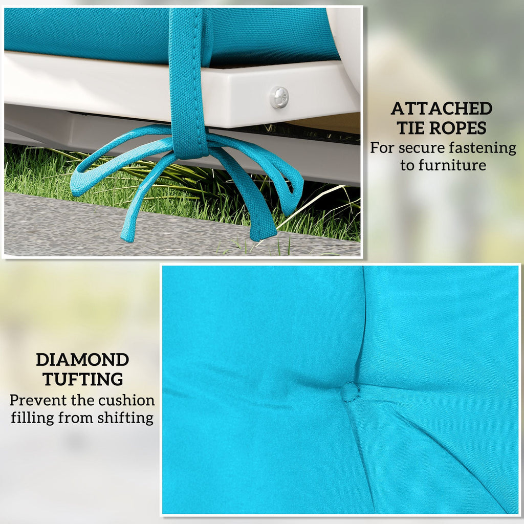 Turquoise cushion with attached tie ropes for securing to garden bench