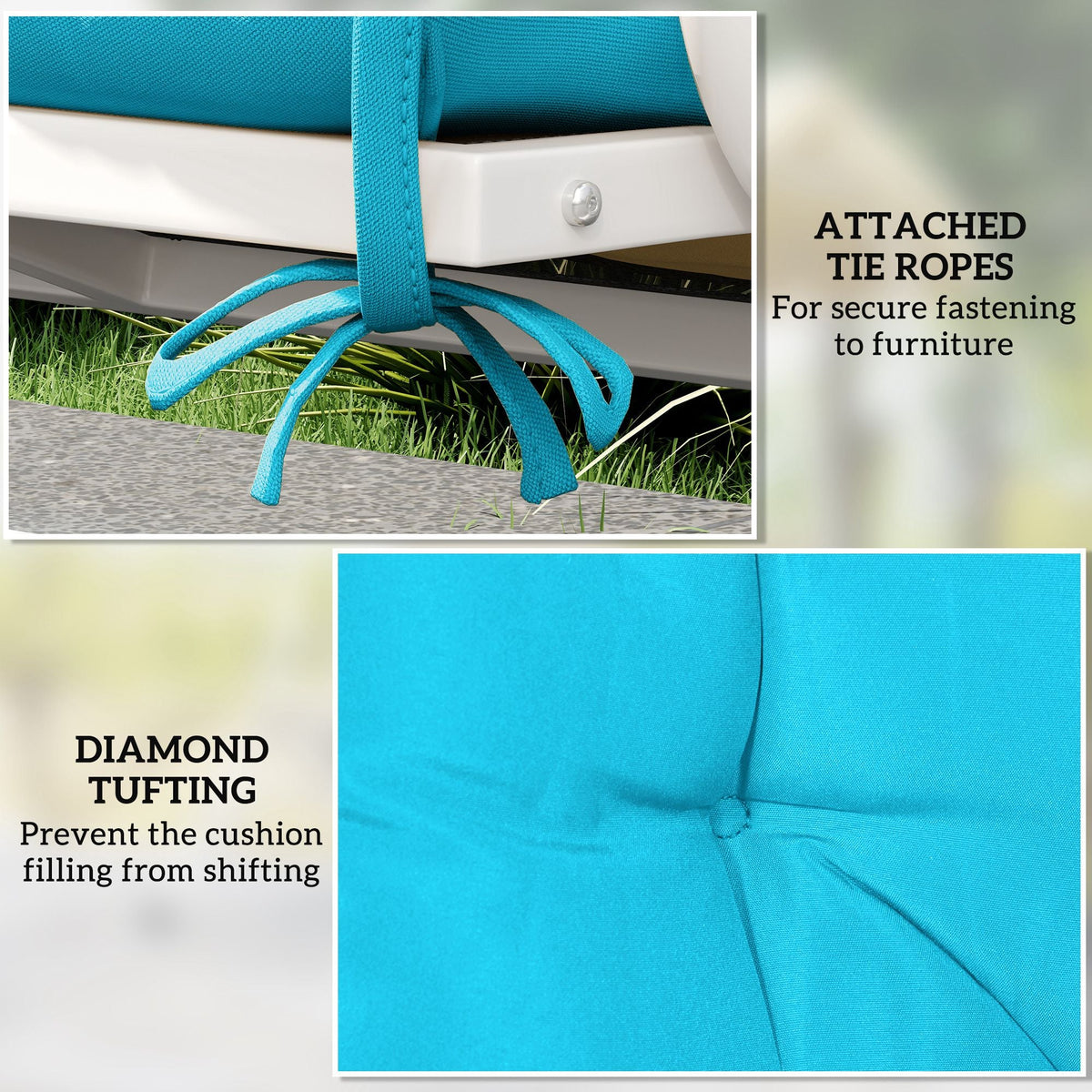 Turquoise cushion with attached tie ropes for securing to garden bench